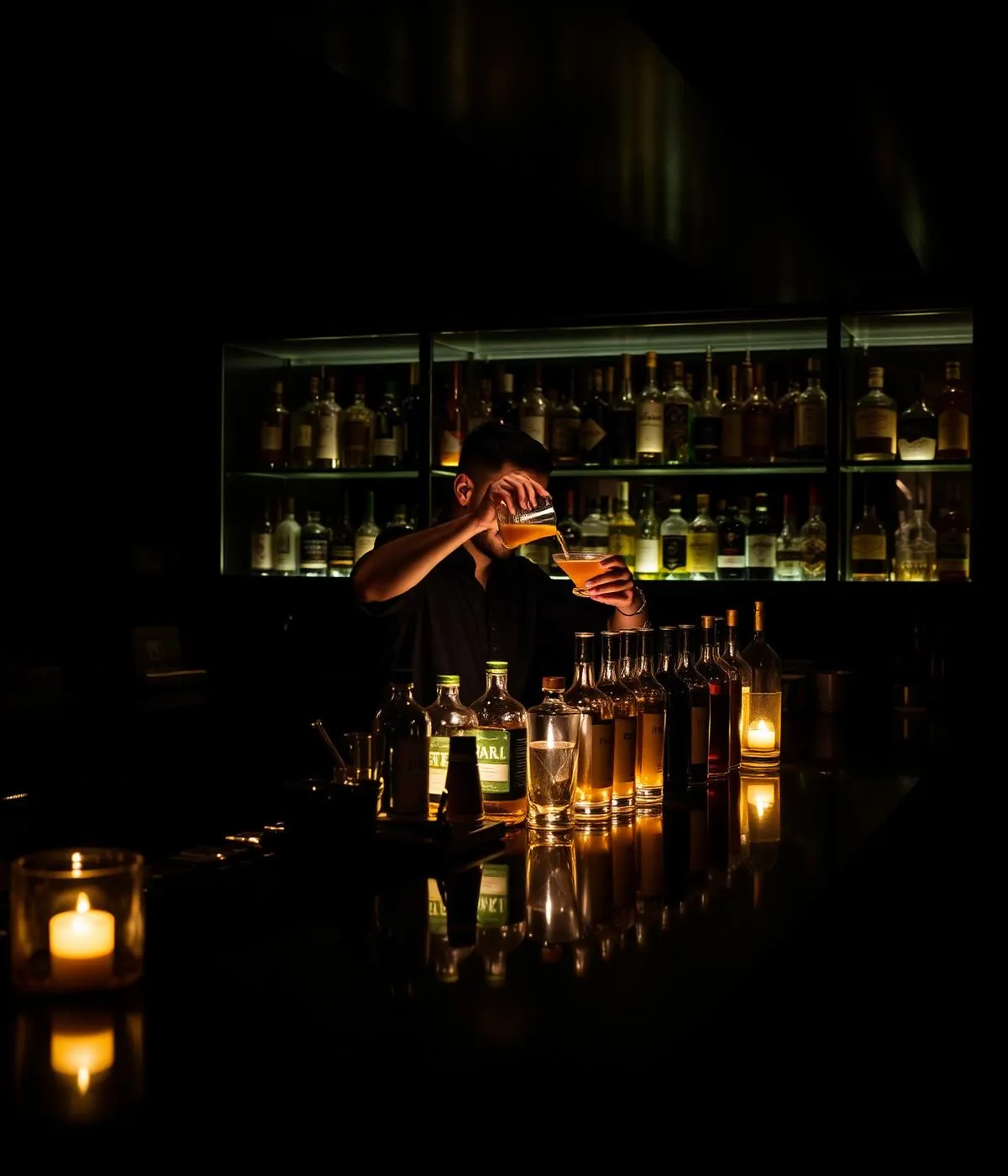 Backlit bar displaying bottles of spirits