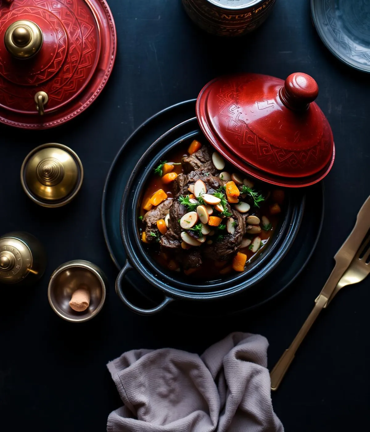 Tagine dish served in a traditional ceramic pot